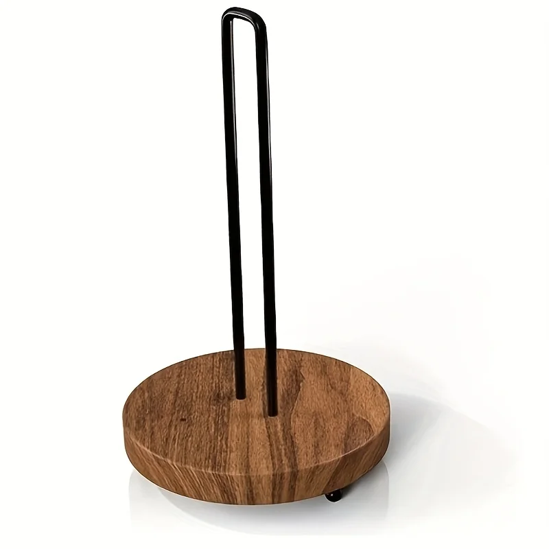 

Vintage Iron and Wood Paper Towel Holder, Rustic Kitchen Countertop Organizer with Black Metal Frame & Natural Wood Finish