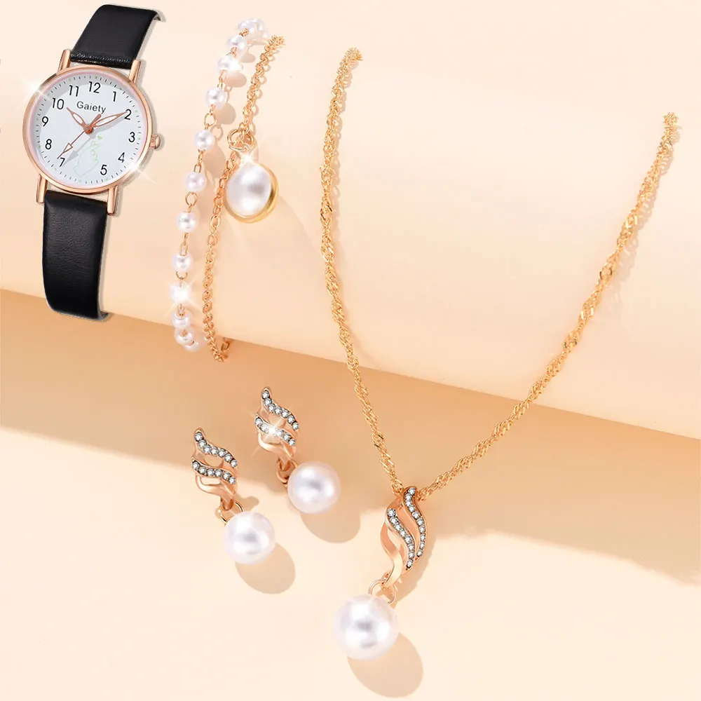 5pcs/set Women\'s Watch Casual Round Pointer Quartz Watch PU Leather Wristwatch & Faux Pearl Jewelry Set Gift For Friends