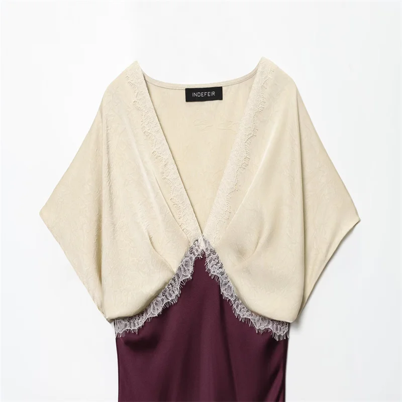 レディースセクシーレースサテンミディドレス　トレンド秋ファッション2025　トレンドセクシーレディースレースサテンミディドレス