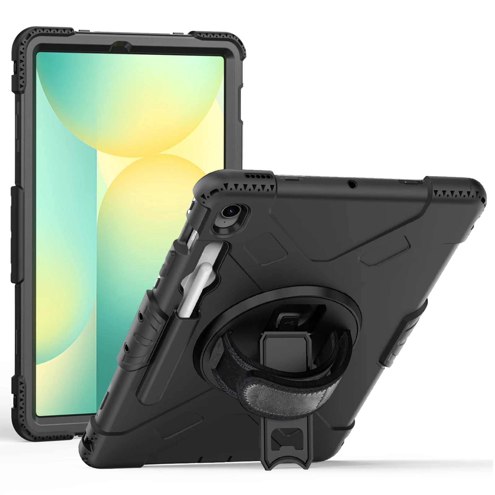For Samsung Galaxy Tab S10 FE+ Kickstand Case Pen Slot PC + Silicone Tablet Cover with Shoulder Strap - Black