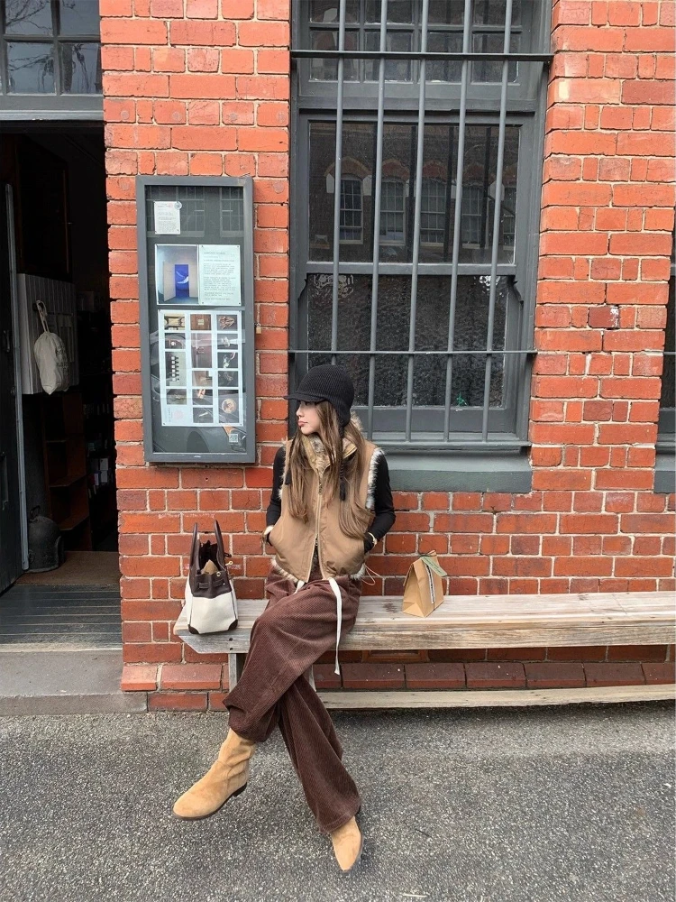 2000s American Vintage Vest Coats Women Sleeveless Outwear Faux Fur Jackets Korean Fashion Winter Leopard Clothing Korean