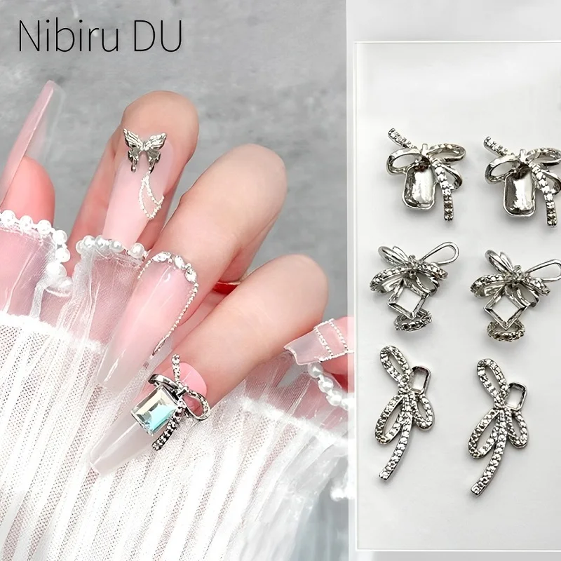 

10pcs Silver Diamond Bow Alloy Nail Art Charm 3D Metal Retro French Bow Tie Bowknots Nail Jewelry Luxury Manicure Accessories