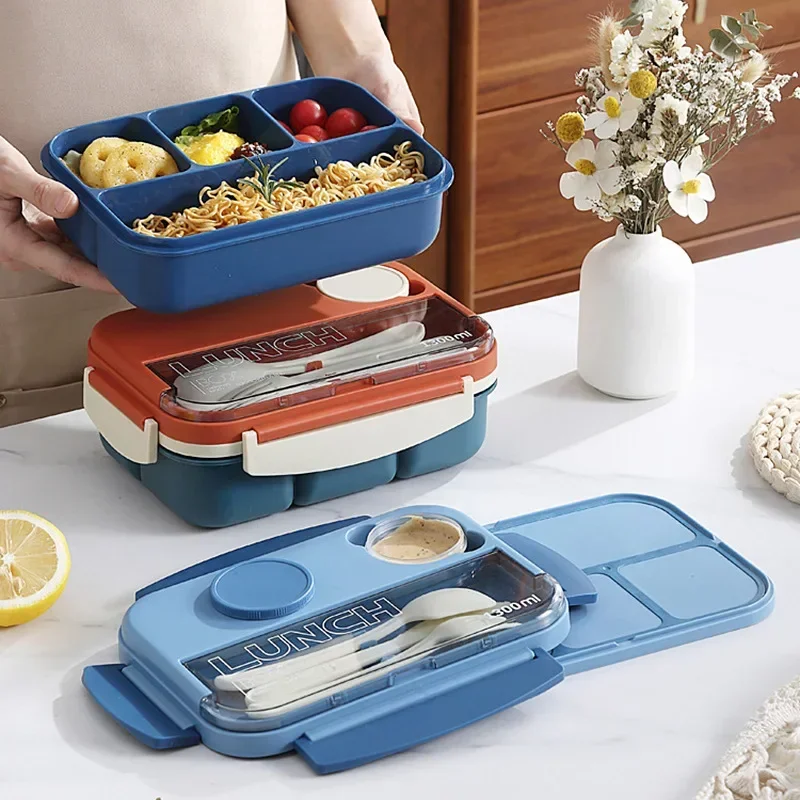 1300Ml 4 Grid Lunch Box Plastic Sealed Sauce Dish Microwave Safe Bento Box with Spoon Fork Knife Student Office Food Container