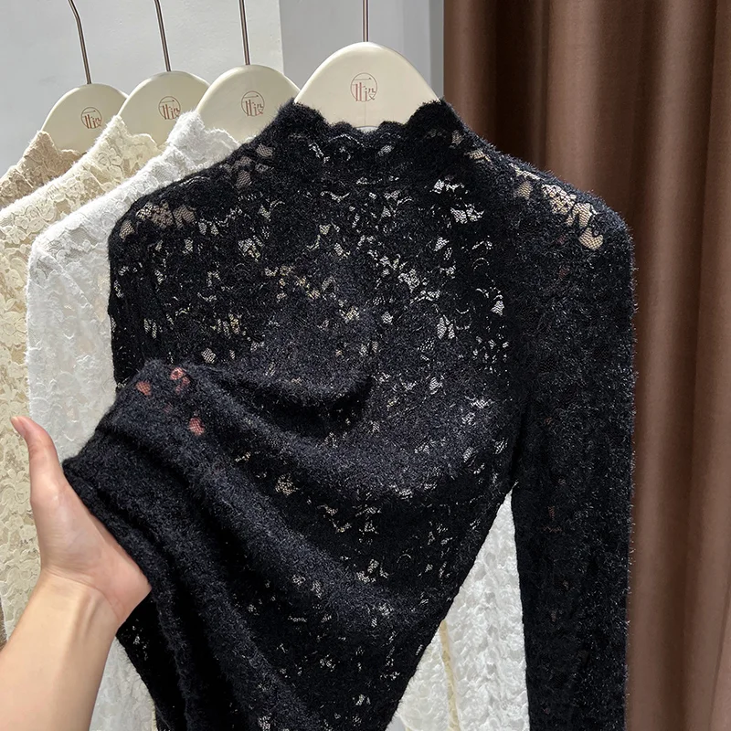 

Mock Neck Thermal Lace Base Layer - Brushed Flannel Lined Mesh Long Sleeve Top for Women Ultra-Soft Winter Layering Piece with