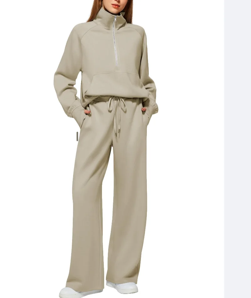 2 Pcs/Set Women Top Pants Set Half Zipper Turn-down Collar Long Sleeves Sweatshirt Elastic Waist Wide Leg Sweatpants Tracksuit