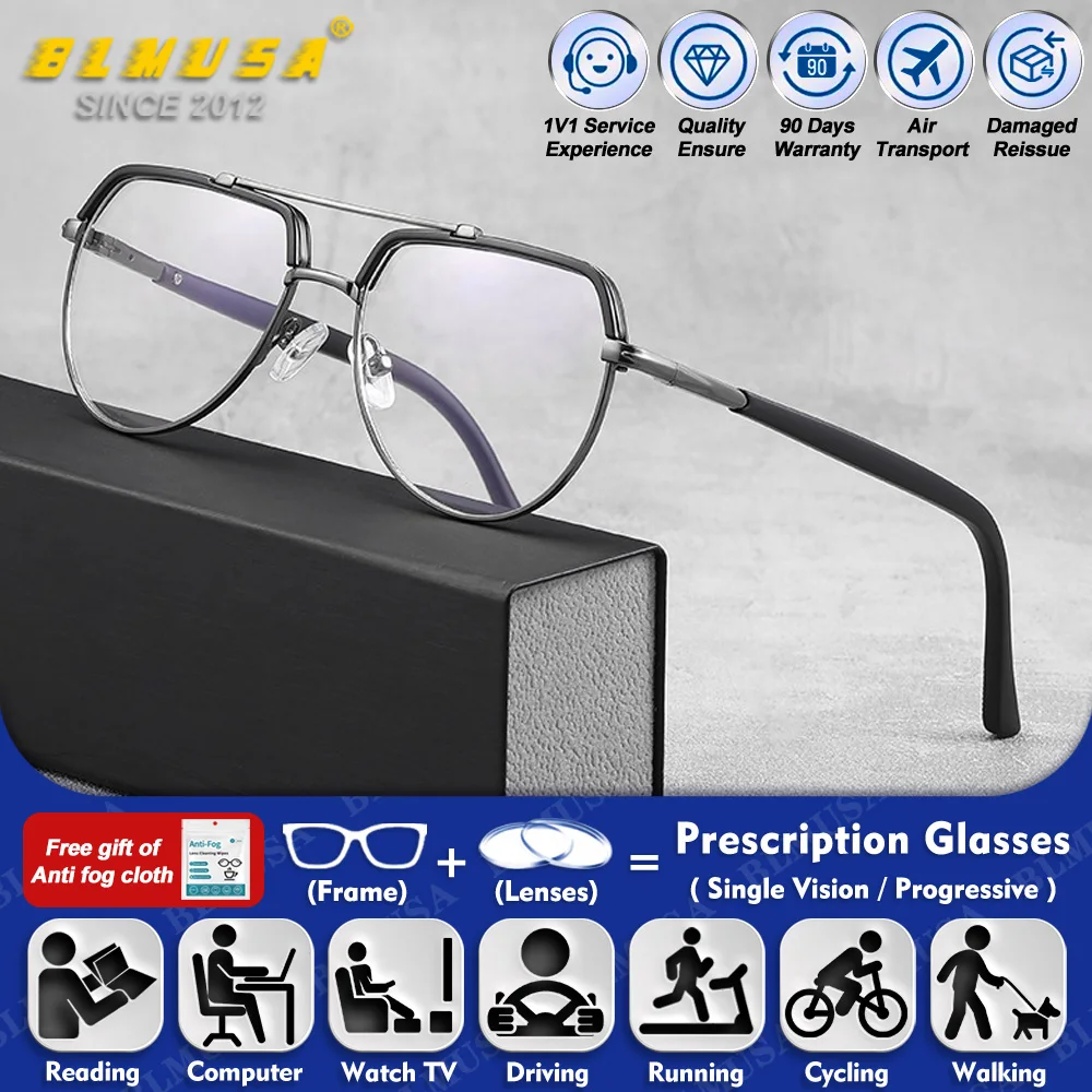 

BLMUSA (L) New Design Pilot Men Myopia Hyperopia Prescription Glasses Blue Light Filter Progressive Prescription Reading Eyeware
