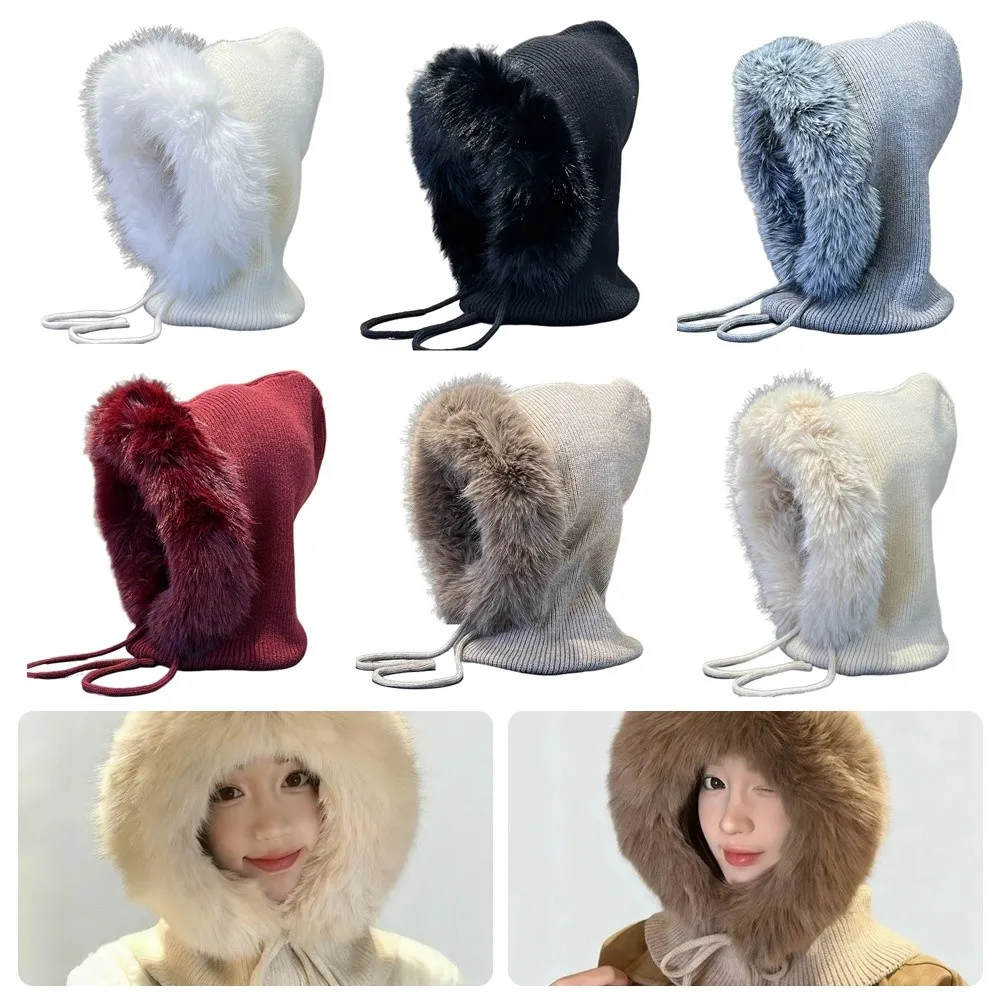 

Versatile Balaclava Hat Imitation Mink Wool Drawstring Design Knitted Hat Warm Integrated Neck Guard Pullover Hat