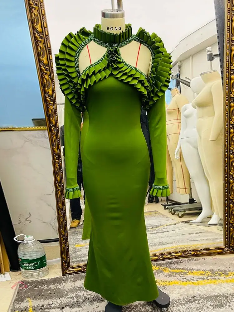 Ailigou 2024 New Women\'s Evening Dress Mermaid Green Sexy Hollow Ruffle Edge Pleated Long Zipper Back Robe Party Dress