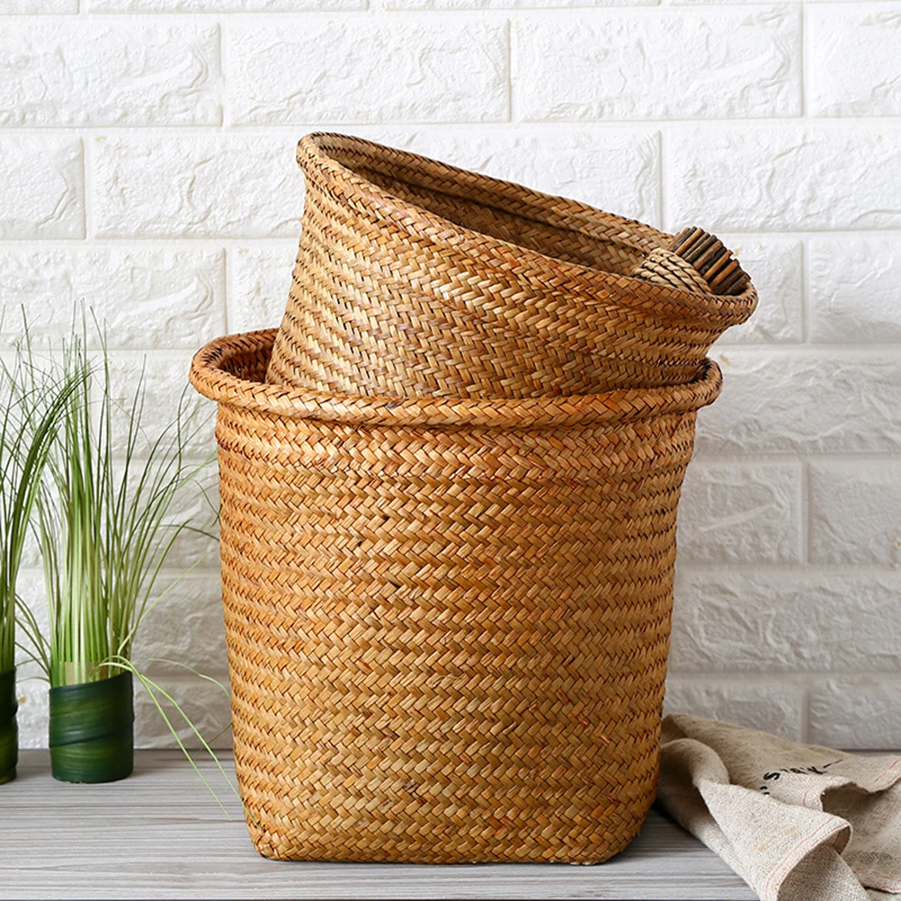 

Round Woven Straw Basket Bin Basket Handmade Storage Organizer Friendly Multi Functional Straw Bin