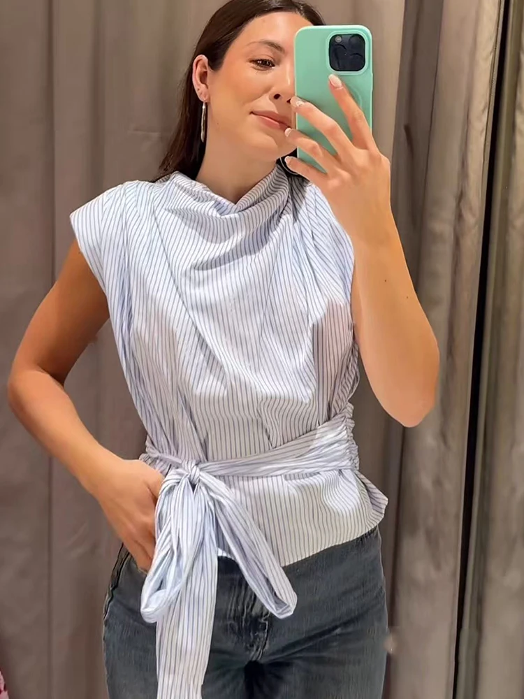 

TFMLN Women's Sleeveless Striped Shirt Summer Chic Shoulder Pad Elegant Bow Lace Up Casual Top Ladies Commuting Shirt New