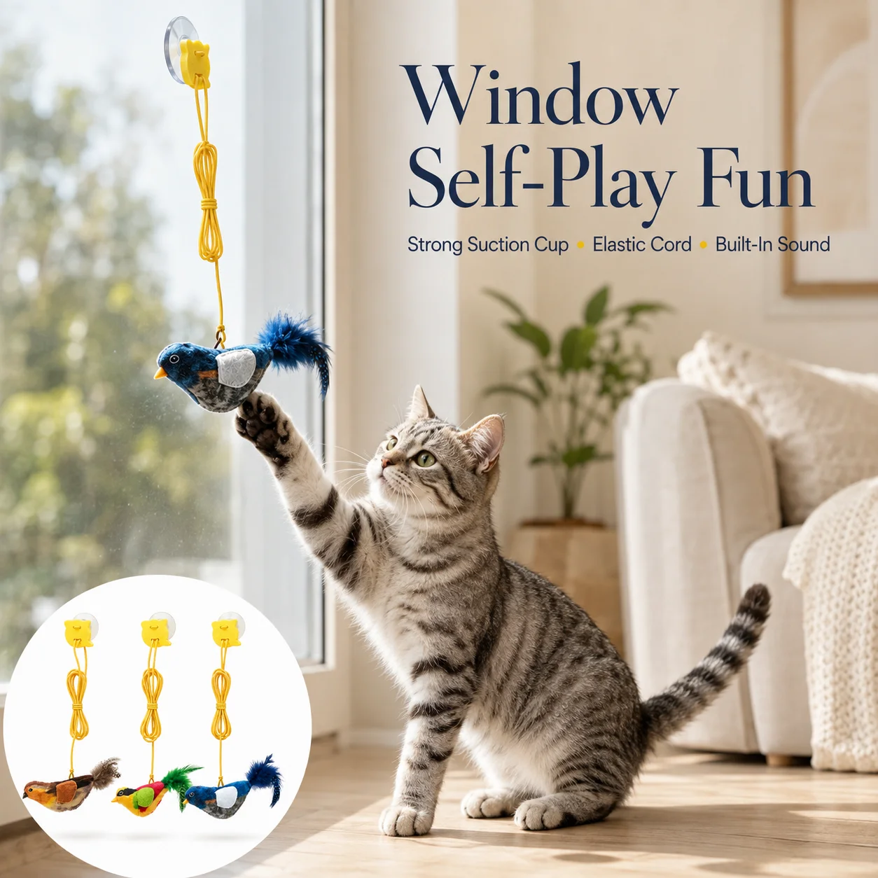Realistic Bird Suction Cup Toy, Elastic String with Squeaker, Self-Play Hunting Toy for Indoor Cats