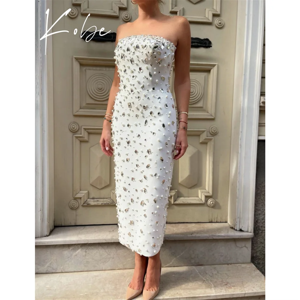 

Kobe White Strapless Prom Dresses Sleeveless Crystal Customized فساتين سهرات Ankle-Length Elegant vestido de gala noche mujer