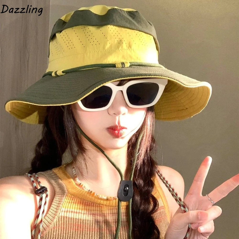 

Color Blocking Sun Protection Bucket Hat Big Brim Visor Sunscreen Fisherman Hat Quick Drying Korean Style Sun Hat Girl