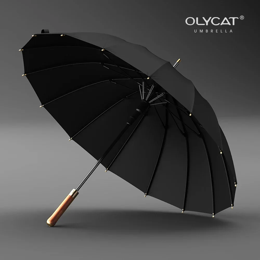 OLYCAT Windproof Umbrella Men, 16 Ribs Wooden Handle Long Umbrella Strong, Big Size Golf Umbrella for Rain, Business Style