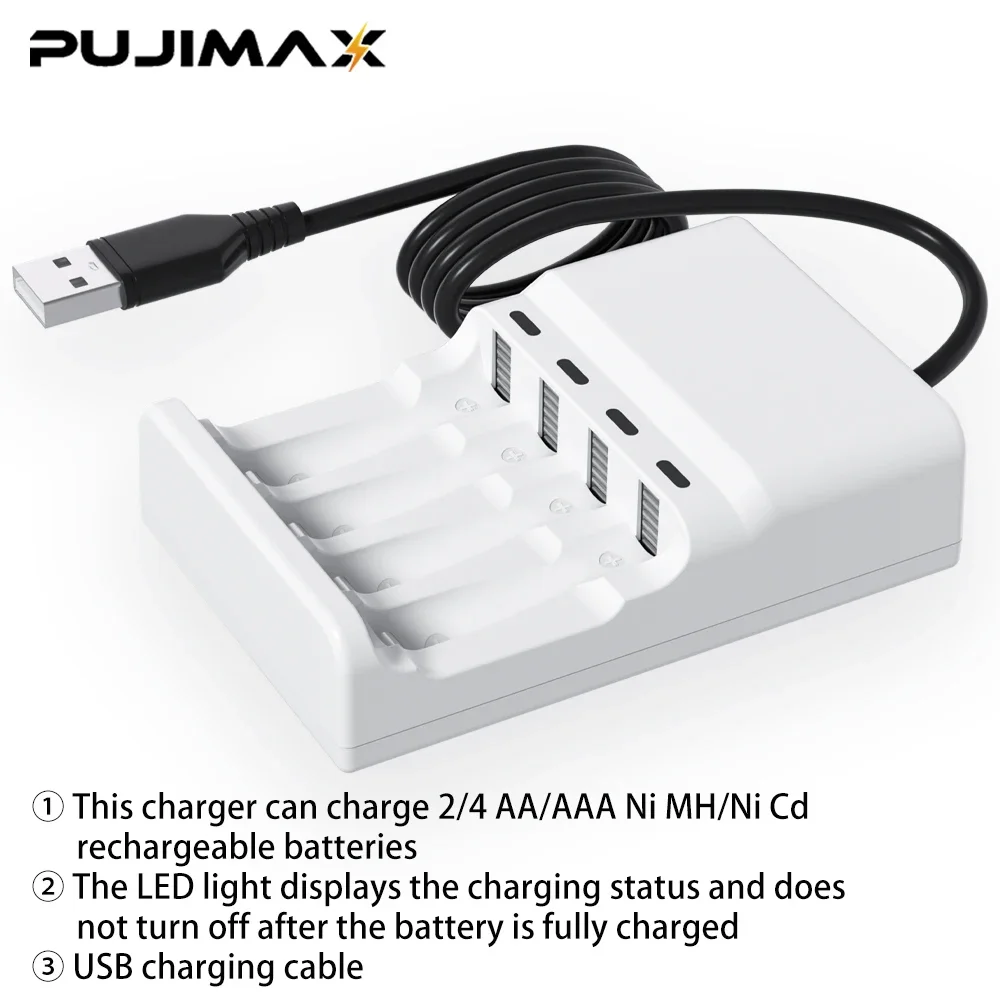 AAA Rechargeable Battery 1.5V 300mAh Ni-MH, AA 800mAh 1.5V, For Clocks Mice Computers Toys, 4-Slot Charger Pack