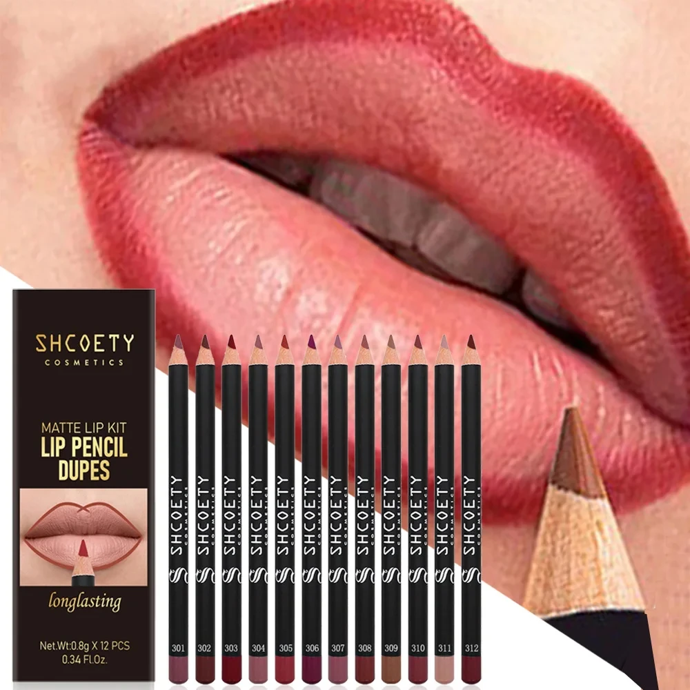 12本入りマットリップライナーセット、ヌードメイク用、防水・汗に強い、長持ちするリップライナーとリップスティックが1つになったもの