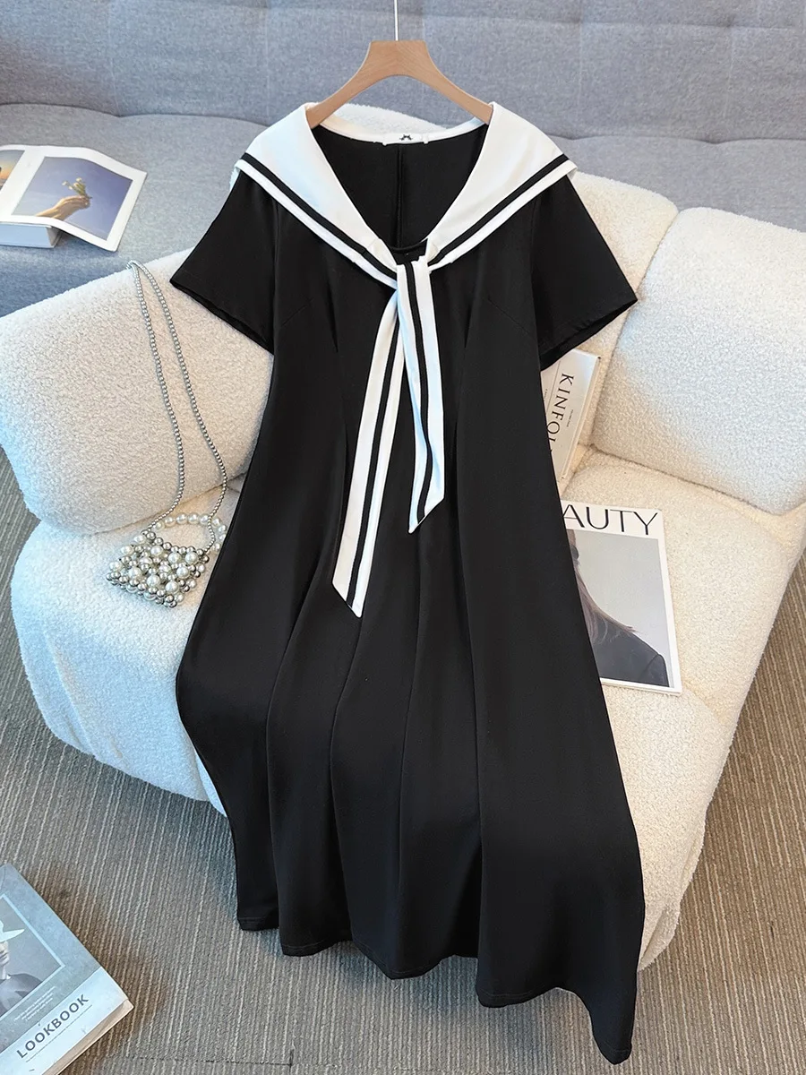 

145Kg Plus Size Women's Bust 144 Summer Loose College Style Short Sleeved Dress Black 4XL 5XL 6XL 7XL 8XL