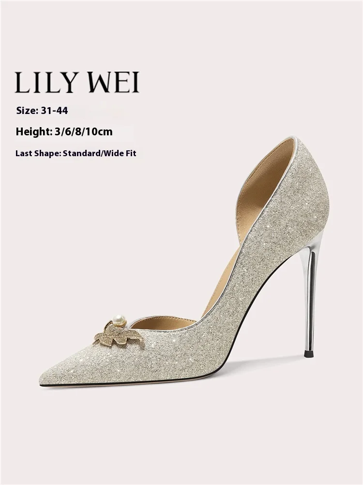 

Тонкие свадебные туфли на высоком каблуке с весенними боковыми пустыми блестками и жемчугом и стразами, расширенные женские сандалии большого размера, маленького размера