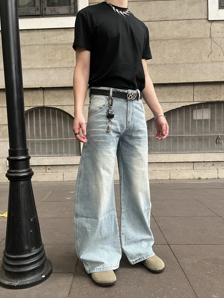 

Светло-голубые винтажные американские джинсовые джинсы, свободные широкие повседневные джинсы с ножом, подростковые модные прямые джинсы