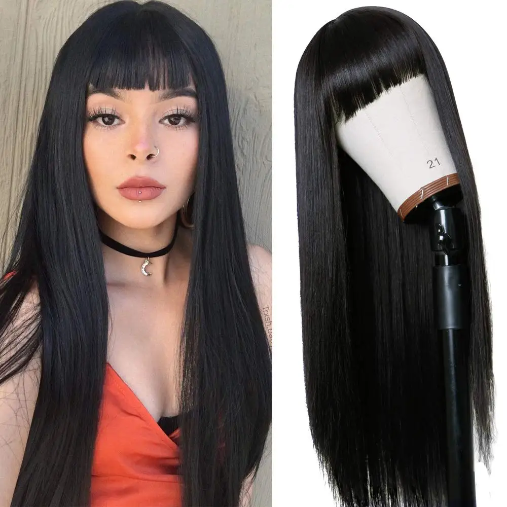 Synthetic 28 Inch Black Hair Wig With Full Bangs Long Straight Wig Natural Soft Hair Heat Resistant Silk Headpiece For Women Use