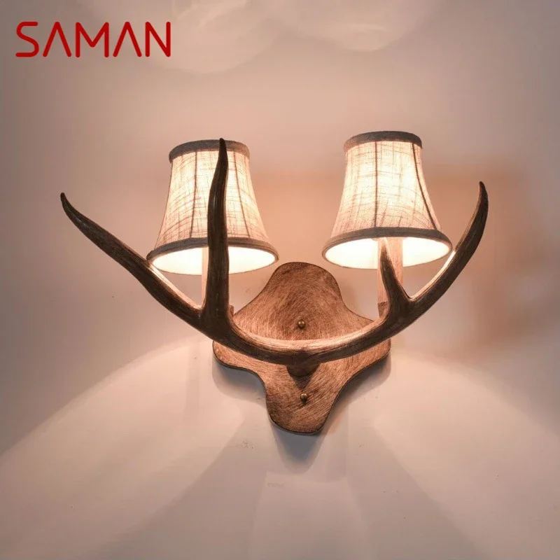 

SAMAN Antlers Wall Lamp American Retro Living Room Restaurant Bedroom Creative Nordic Bar Cafe Homestay Wall Lamp