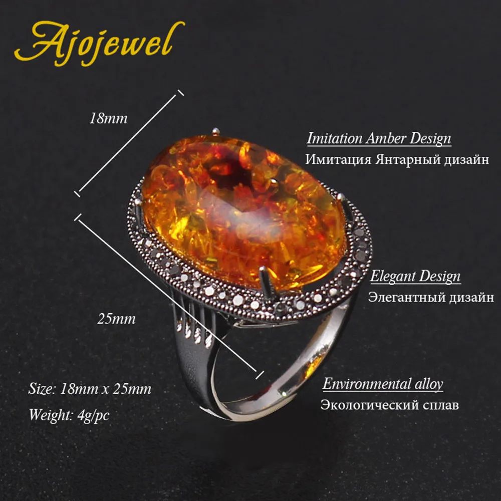 Ajojewel Big Oval Orange Stone Rings Women Black Rhinestone Jewelry Finger Nice Ladies Gift