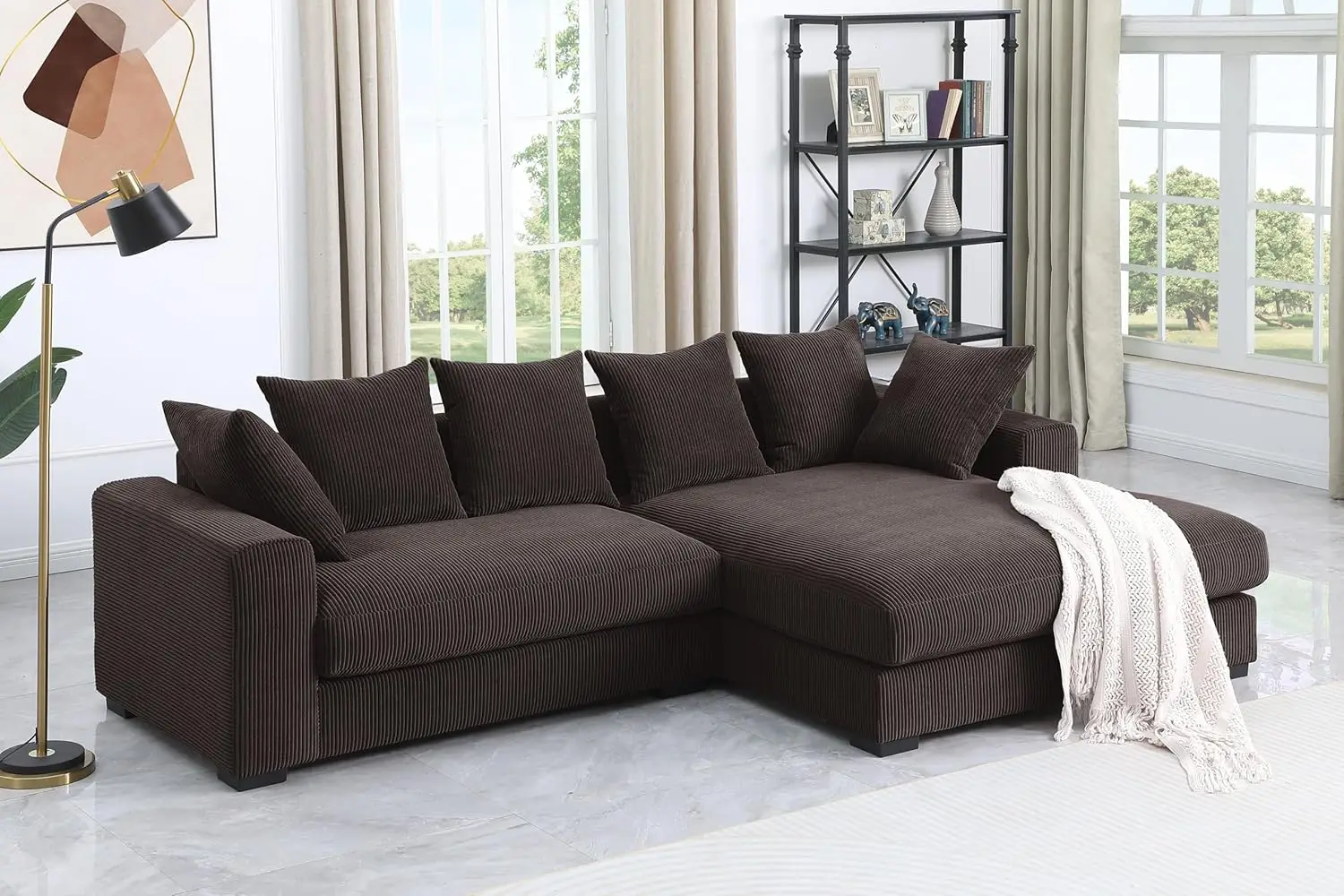 L Shaped Corduroy Upholstered Modular Sectional Couches with Right Facing Chaise, 109.75