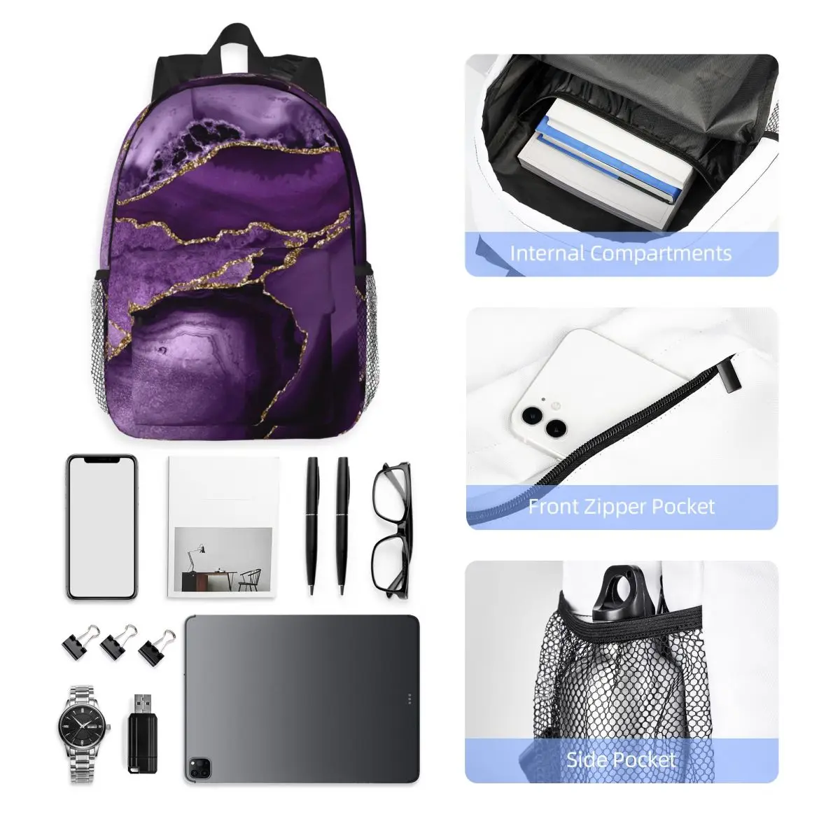 Purple Faux Marble Abstract Landscap Backpack Hot Sale Daypack Large Capacity BookBag Shoulder Bags for Men Women School Bag