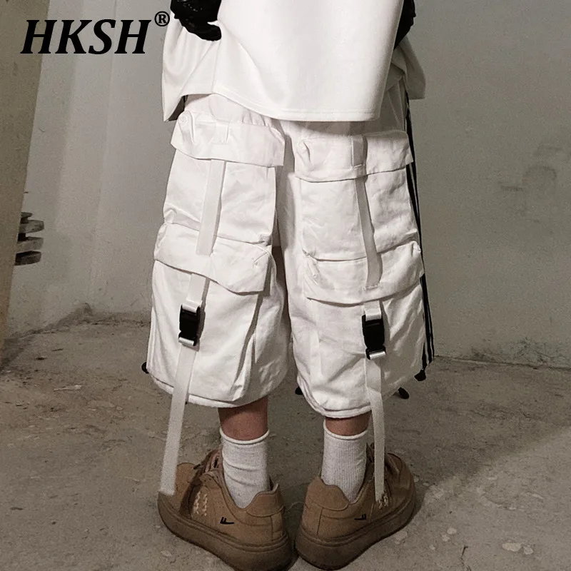 HKSH Summer New Men\'s Tide Hip Hop Fashion Dark Spliced Sportswear Tactical Shorts Japanese Loose Pocket Wide Legs Capris HK1327