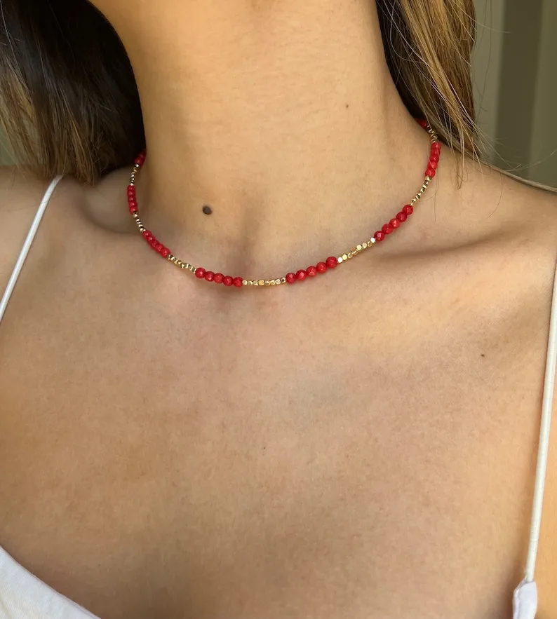 Chic coral stone necklace, gold plated shiny beads, red necklace, gift for her