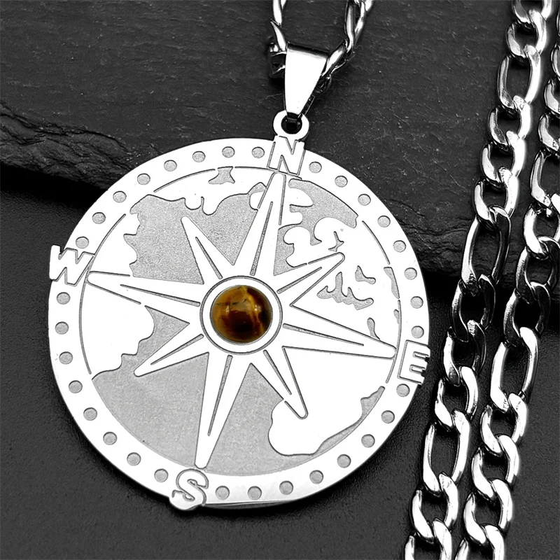 Trendy Tiger Eye Stone Compass Earth Pendant Necklace for Women Men Stainless Steel Sailing Holiday Chain Necklaces Jewelry Gift