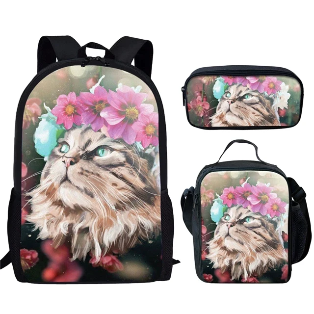 Bolsas escolares com gato bonito, 3D Print, mochila para laptop, mochila, bolsa de ombro inclinado, estojo na moda, 3 pçs/set