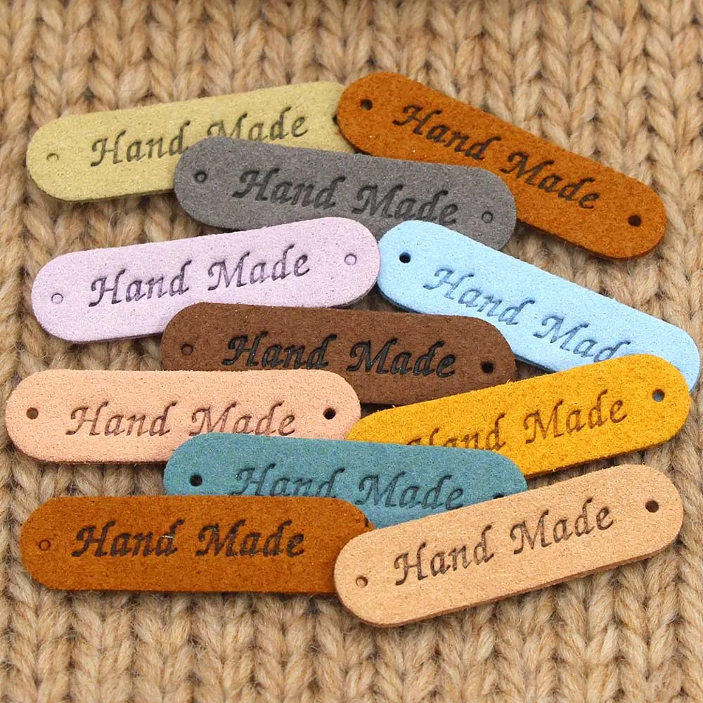 Hand Made Labels 45x13MM Handmade Leather Label For Clothes Sewing Crafts Handmade Tags For Knitting Garment Accessories 20Pcs