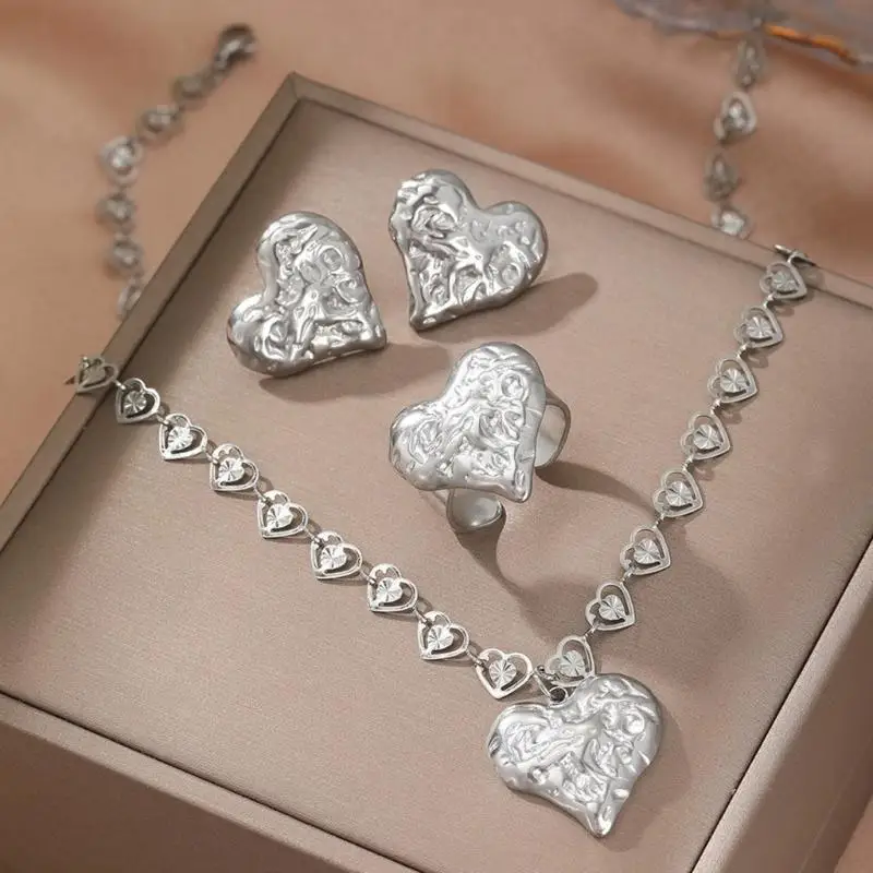 31BB Retro Sandstone Texture Irregular Heart Jewelry Set Including Earrings Rings Necklace for Fashionable Women Ladies
