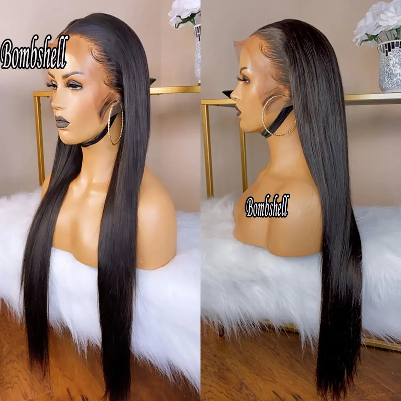 

Bombshell Jet Black Straight Synthetic Lace Front Wigs Glueless High Quality Heat Resistant Fiber Hair For Women Daily Use Wigs