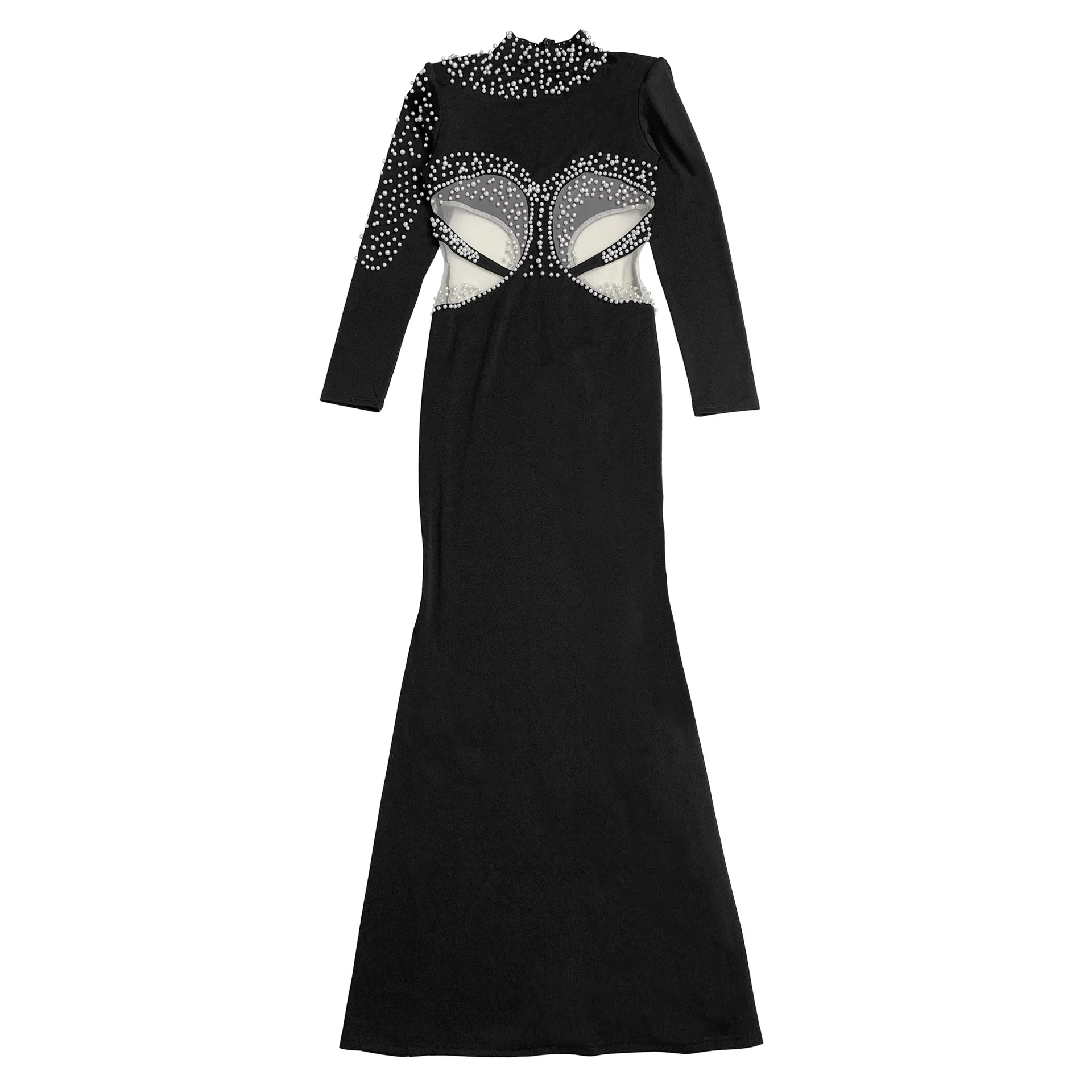 

Fashion Black Long Sleeve Shoulder Pads Hollow Out Loop Sexy Slim Maxi Prom Dress Party Outfit Vacation Nightclub Dresses