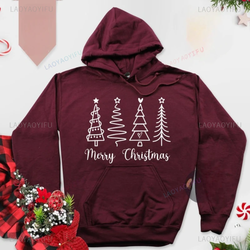 Merry Christmas Woman Wine Red Sweatshirt Simple Linear Christmas Tree Graphic Hoodie Autumn Winter Drop Shoulder Warm Hoody