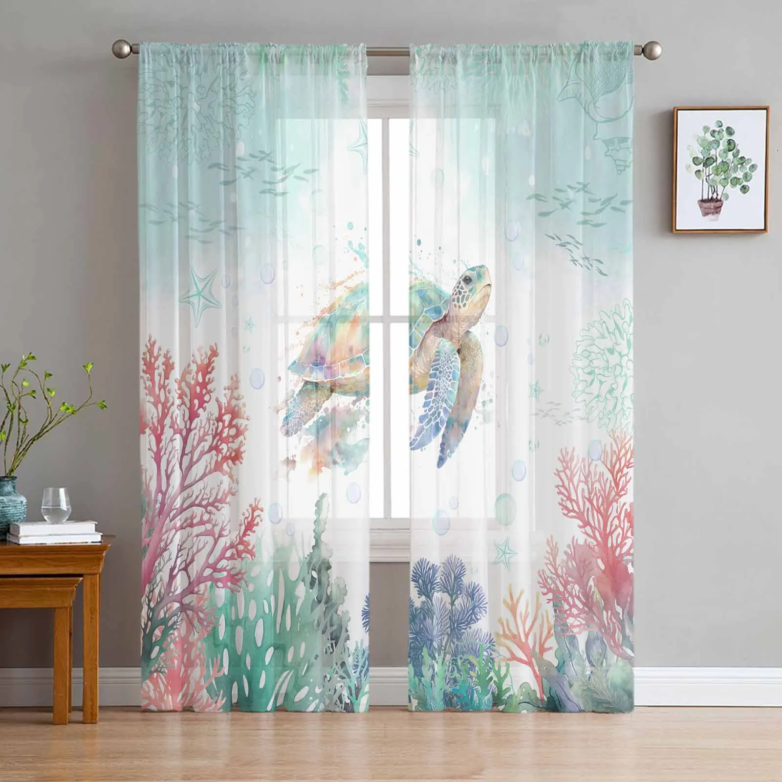 Sea Life Sea Turtle Coral Blue Sheer Curtains for Living Room Kitchen Window Curtains Bedroom Tulle Voile Curtains