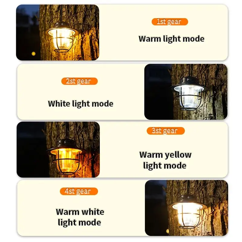 Retro Portable Camping Light Rechargeable Light Hanging Lamp Home 4 Modes Dimmable Torch with USB Lantern Camping Lighting