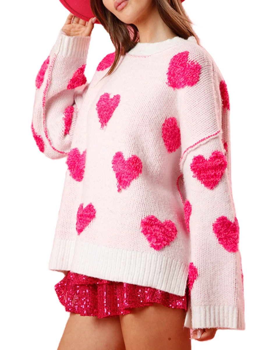 Women s Cozy Oversized Pullover Sweater with Chic Heart Detailing Ribbed Crew Neck and Long Sleeves - Perfect for Autumn