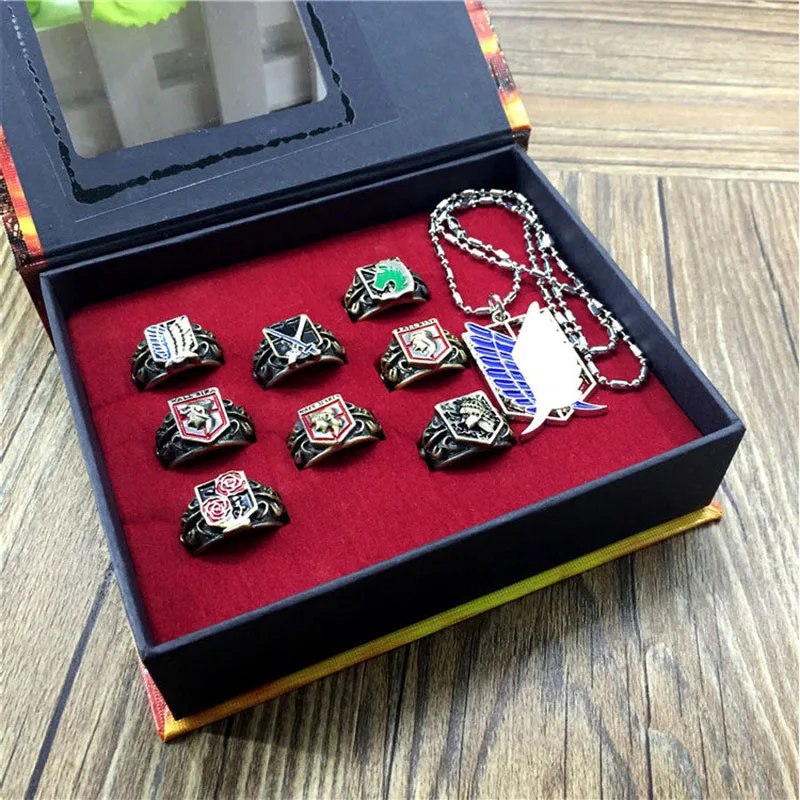 Japanese Anime Attack on Titan Jewelry Set Sword Horse Rose Wings of Freedom Coppery Ring Necklace Suit Souvenir Gifts Box