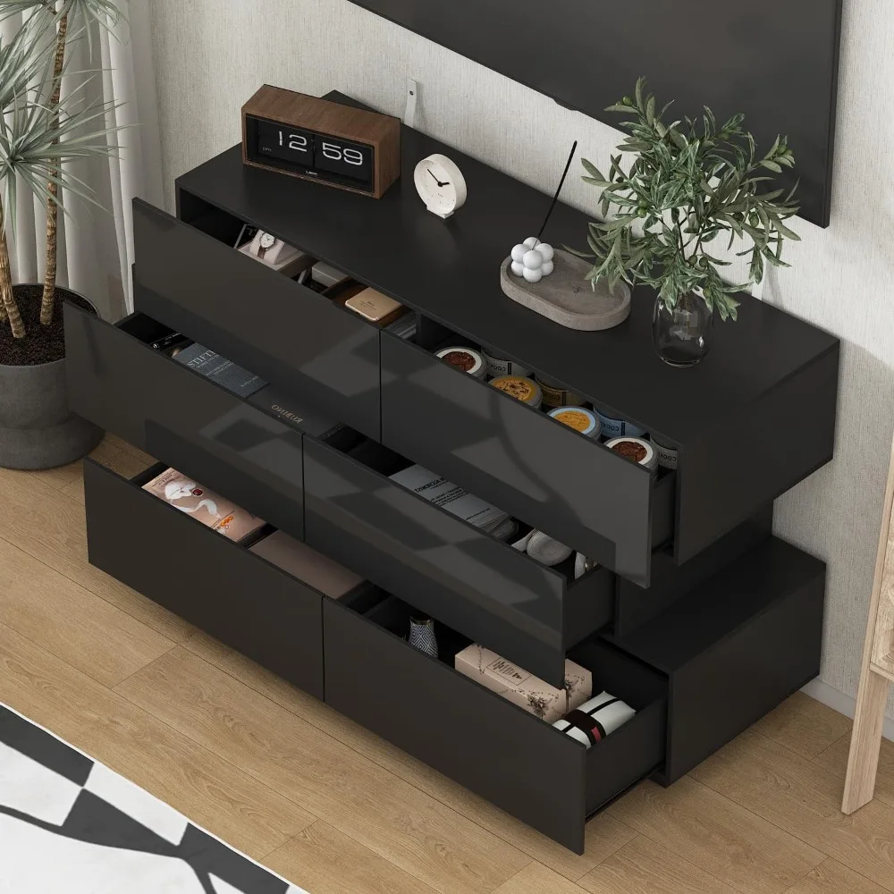 Contemporary Wood Dresser with 6 Drawers, Sleek Design and Glossy Finish for Bedroom Storage