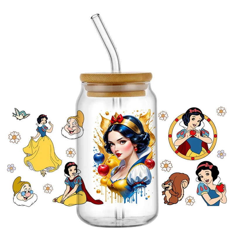 Miniso Princess Prince Florian 3D Waterproof UV DTF Cup Wrap For 16oz Libbey Cartoon Princess Glass Can DIY Transfer Sticker