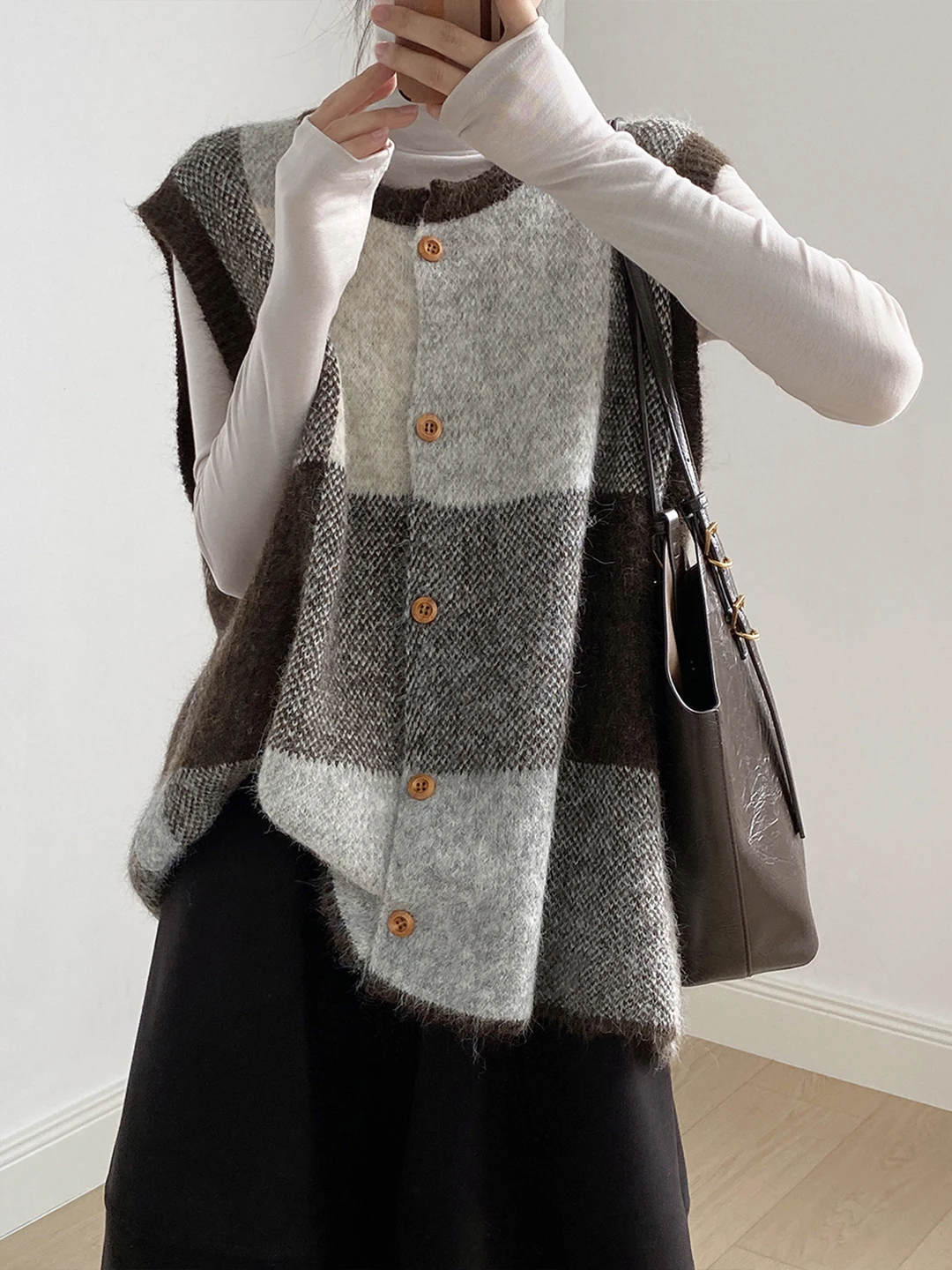 

Retro Color Blo Plaid Knitted Vest Women's Autumn Winter Korean Sle round Ne Svel Sweater Vest Outerwear Layering