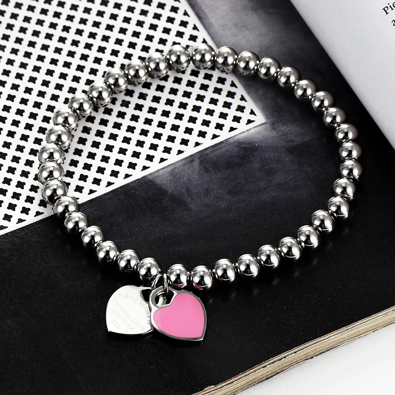 New Fashion Women Party Jewelry Lover Heart Pendant Stainless Steel Elastic Rope Bracelet Bead Chain Woman Bangles