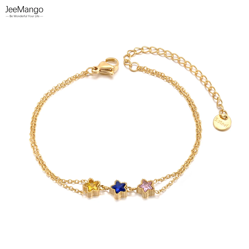 JeeMango Urlaubsstil Stern-Herz Zirkon Doppelarmband 18K Vergoldeter Edelstahl Wasserdichter Damenschmuck B26012