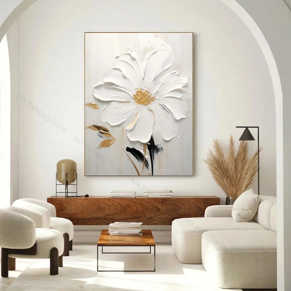 Abstract White Flower Oil Painting On Canvas,Textured Flowers Painting,Living Room Wall Decor Art Print Pictures Wall Art Poster