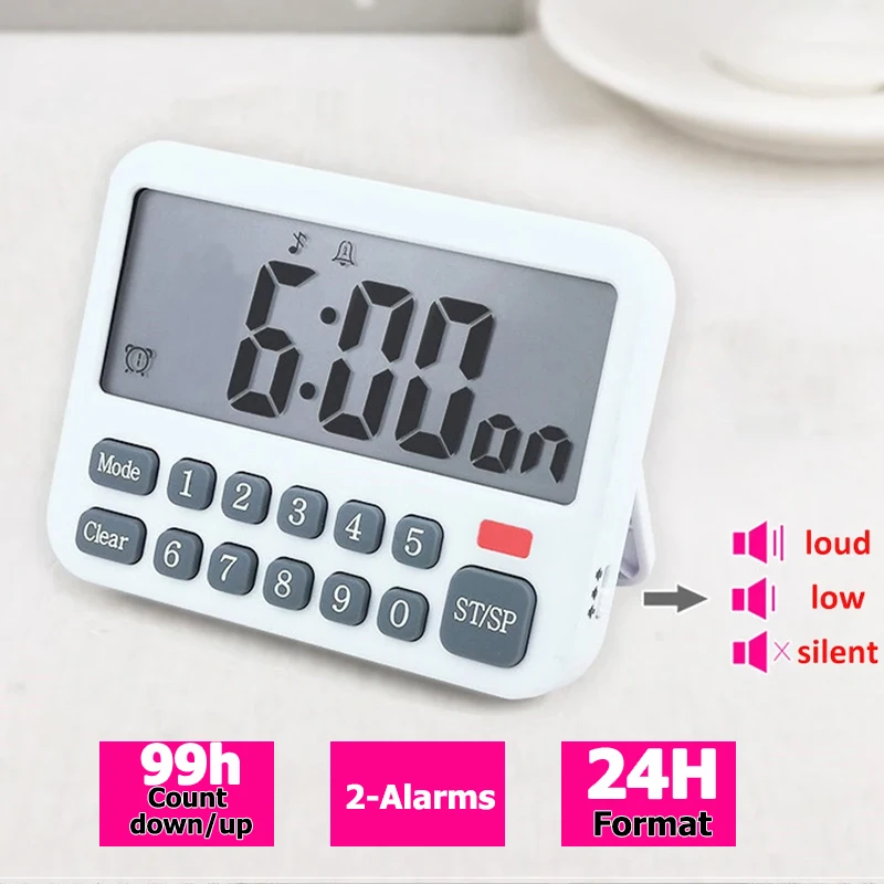 24H Digital Timer Kitchen Study Loud/Low/Mute Timing Clock Magnetic Kitchen Timer 2-Alarms Digital 99h Count Down/Up Timer Clock