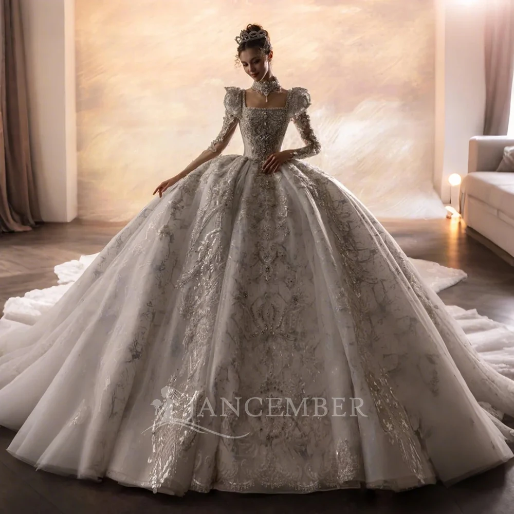 Bridal Dress Shiny Beads Pearl Organza Wedding Gown 2025 Square Collar Ball Gown Bride Robe Customized فساتين حفلات