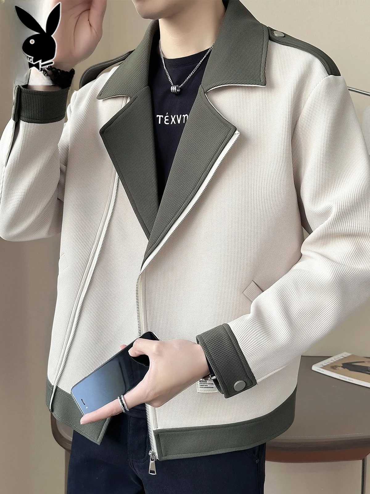 

Мужская повседневная куртка весна 2026: модная, с цветными блоками, свободного кроя, на молнии, из полиэстера, с длинными рукавами